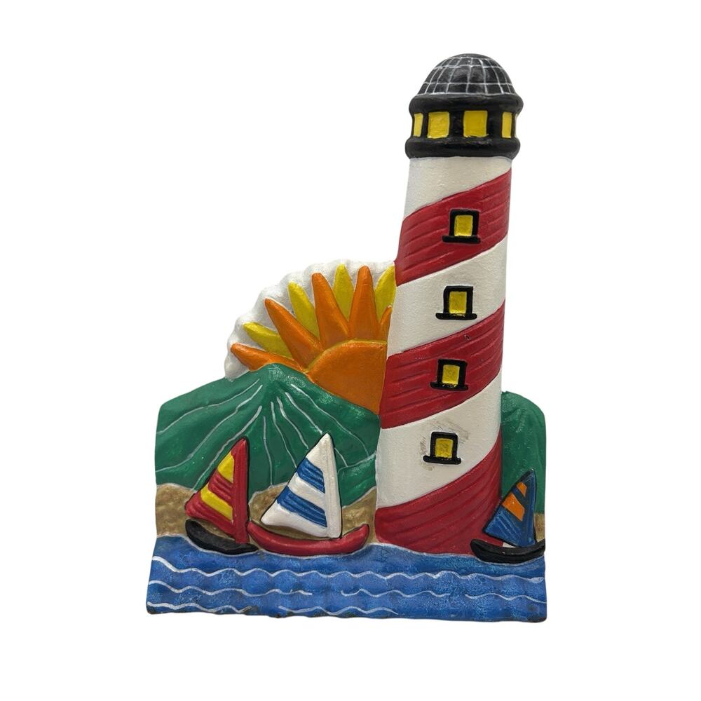 Vintage Painted Cast Iron Lighthouse Door Stop With Sail Boats And Sun